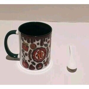 Gingerbread Man Christmas Themed Mug Holiday Print W/Green Handle & Inside